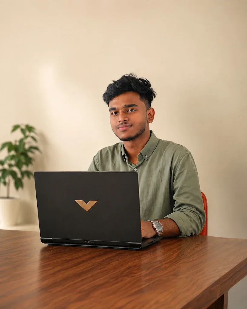 Muhammed Sanal, freelance digital marketer and graphic designer in Thalassery, Kerala, working on a laptop at his desk