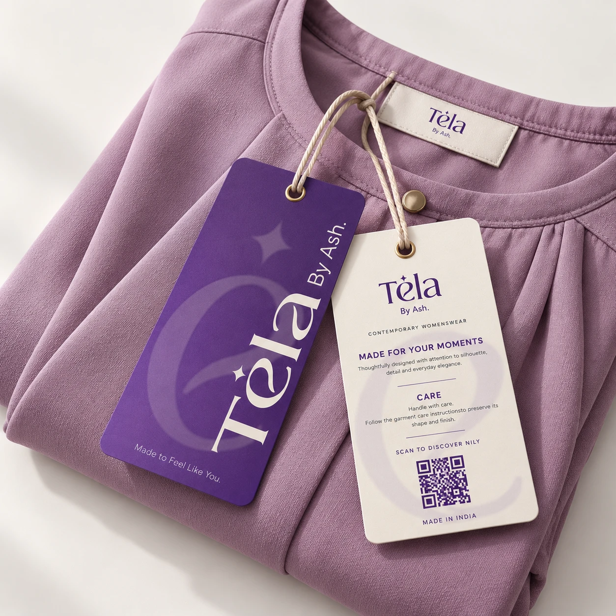 Tela by Ash clothing label and purple hang tags on a lavender garment